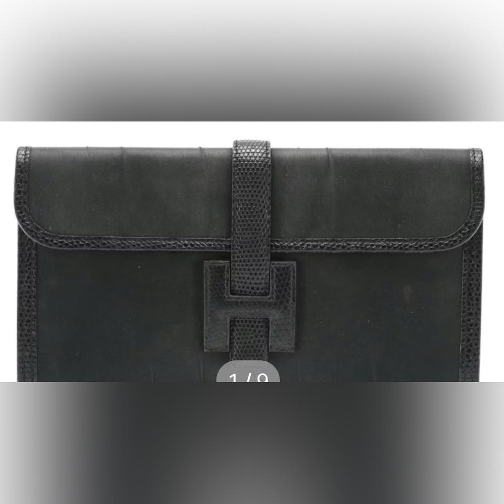 Auth Rare Hermès Jige Elan 29 Clutch in Black Textile and Lizardskin Trim w/COA